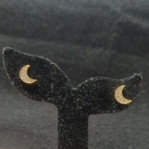 Gold Tone Clear Rhinestone Crescent Moon Dainty Stud Style Statement Earrings
